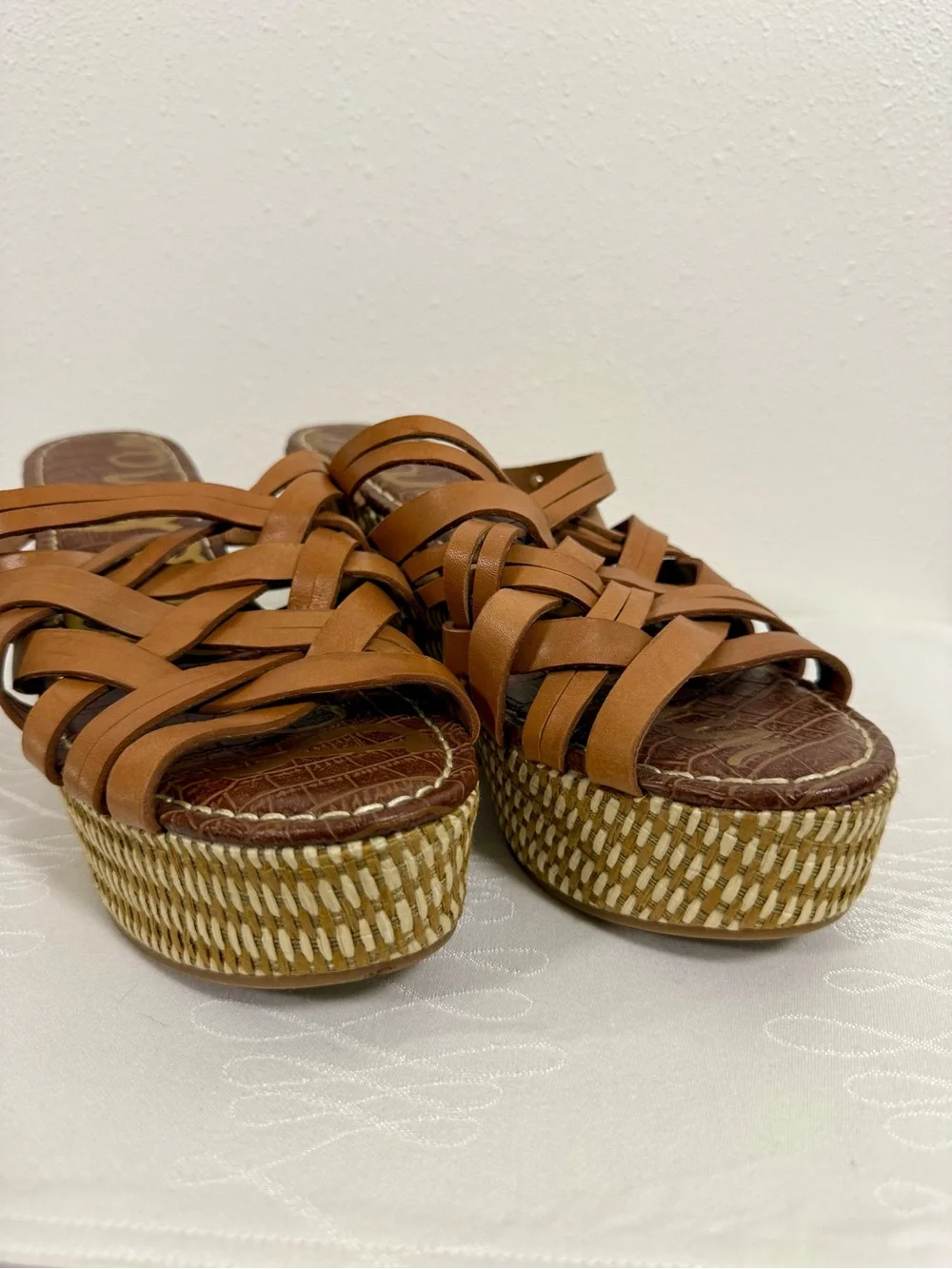 Sam Edelman Leather Espadrille Wedge Sandals 8.5 Tan Strappy Platform
